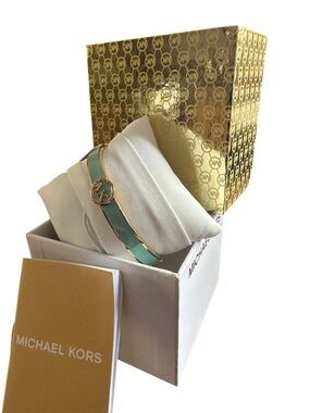 Michael Kors Gold-Tone Mint Enamel MK Logo Bangle